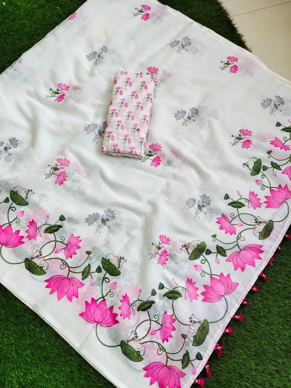White_Sheer_Lotus_Print_Saree_For_Women