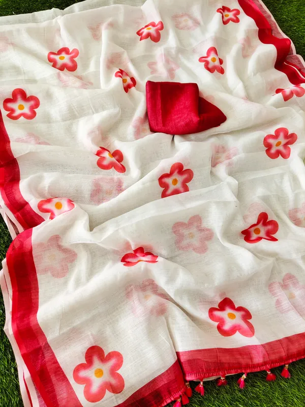 White_Floral_Print_Saree_For_Women