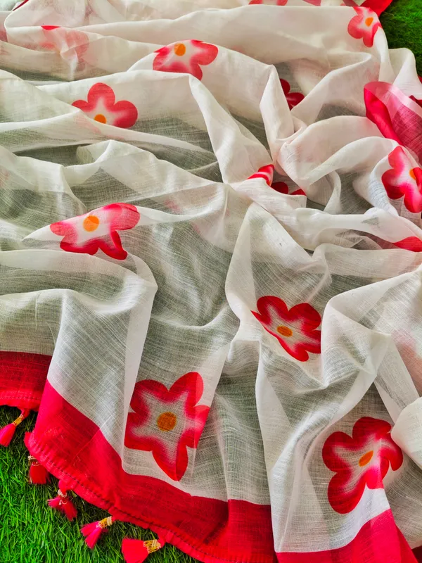 White_Floral_Print_Saree_For_Women