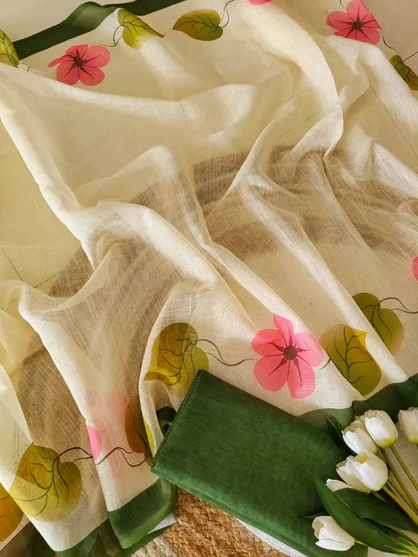 Cream_Cotton_Floral_Print_Saree_For_Women