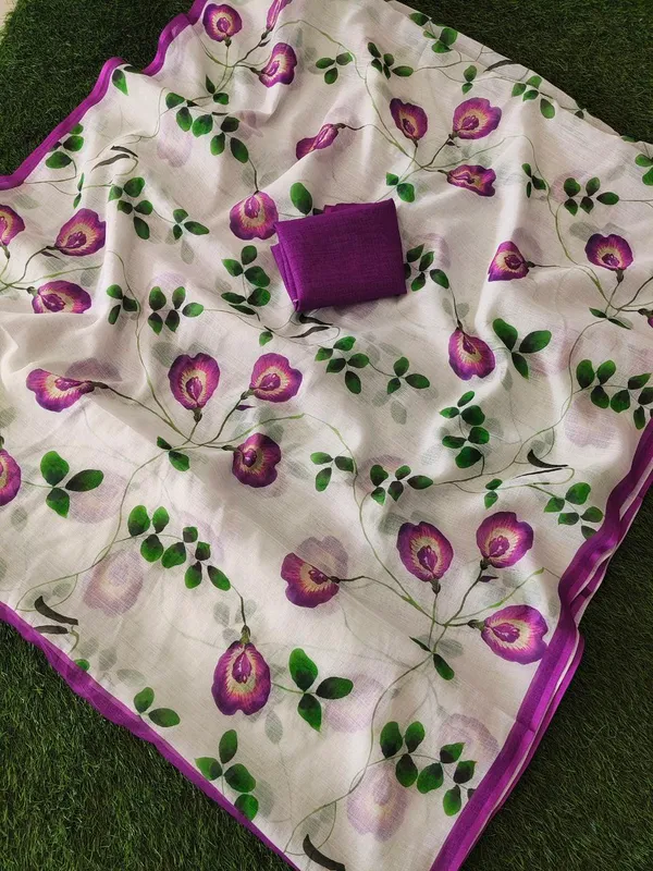 White_And_Purple_Linen_Cotton_Saree_For_Women