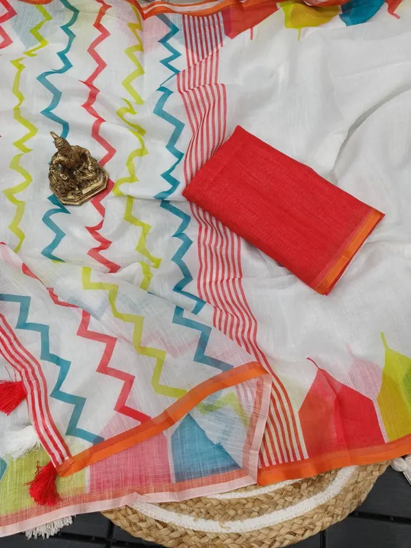 White_Multicolor_Geometric_Print_Saree_For_Women
