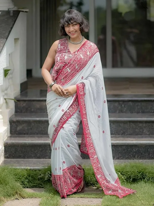 White_And_Pink_Printed_Saree_For_Women