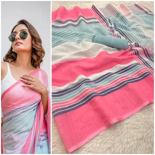 Pink_Multicolour_Striped_Saree_For_Women