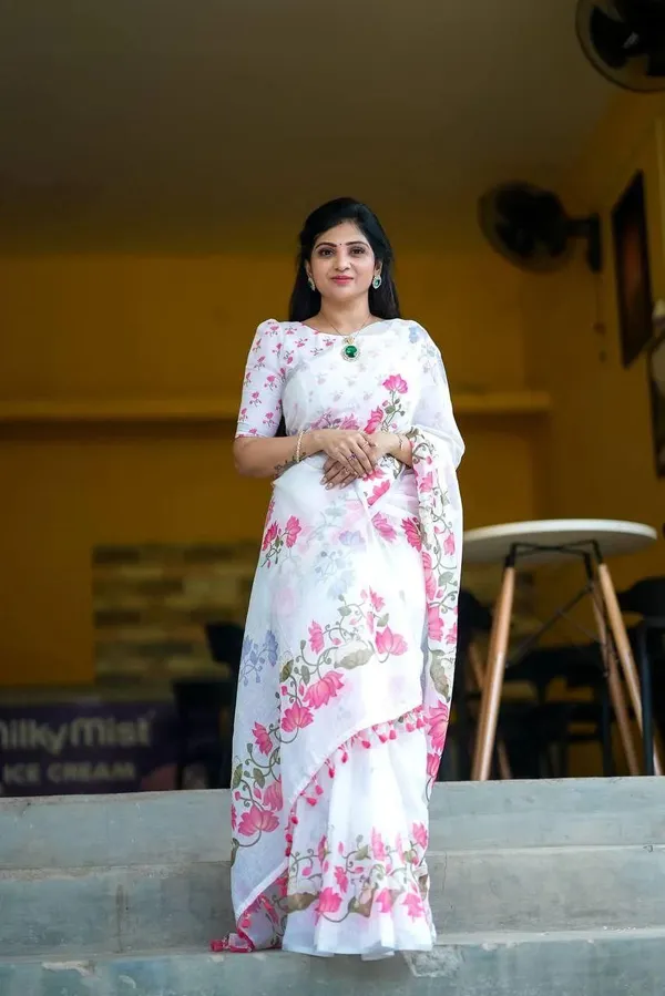 White_Sheer_Lotus_Print_Saree_For_Women