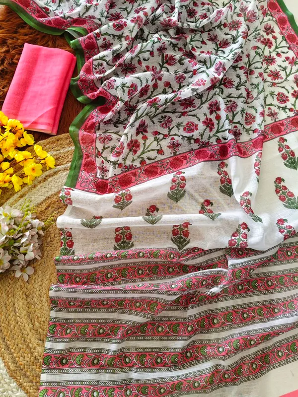 White_Floral_Print_Saree_For_Women