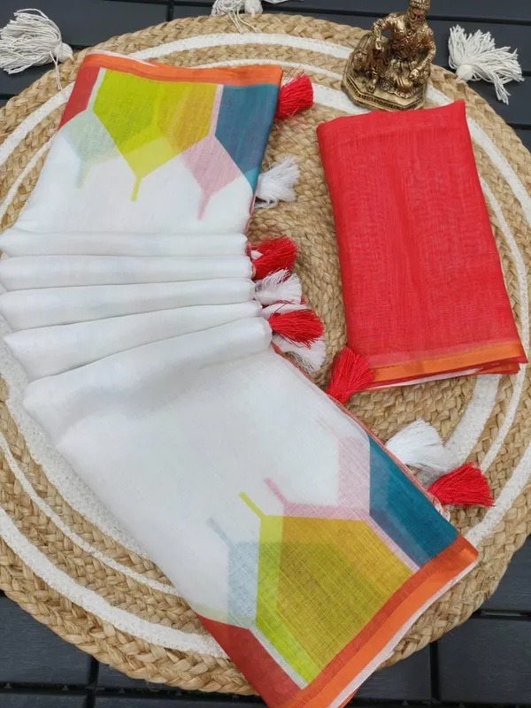 White_Multicolor_Geometric_Print_Saree_For_Women