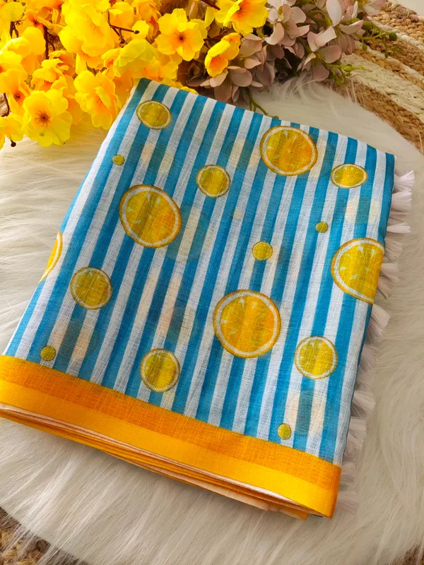 Blue_Cotton_Striped_Printed_Saree_For_Women