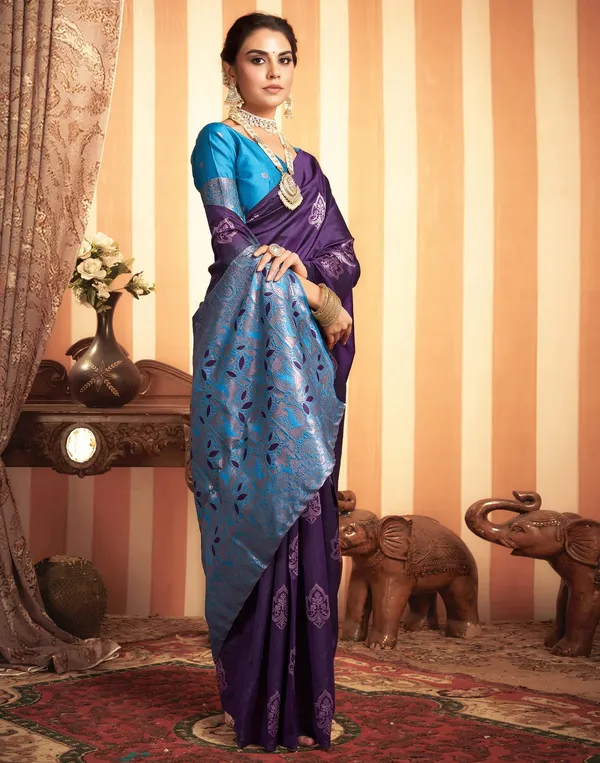 Wine_And_Firozi_Banarasi_Silk_Saree_For_Women