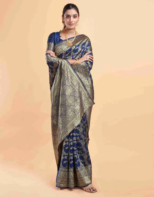 Navy_Blue_Zari_Floral_Saree_For_Women