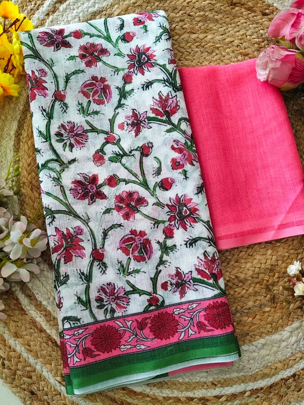 White_Floral_Print_Saree_For_Women