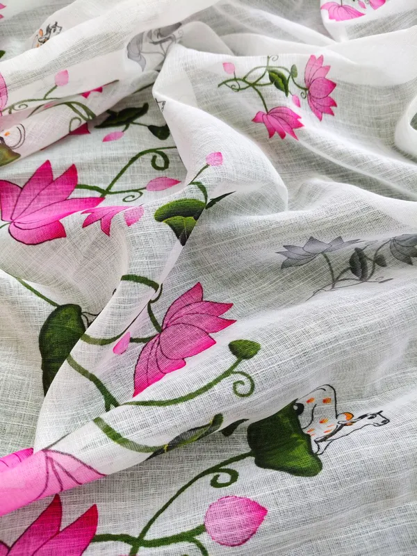 White_Sheer_Lotus_Print_Saree_For_Women