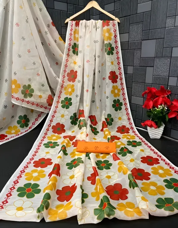 White_Floral_Print_Saree_For_Women