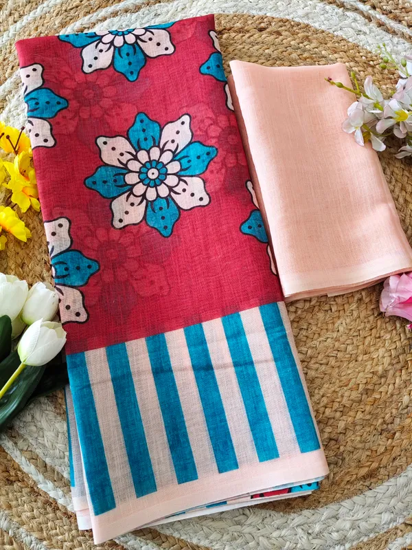 Red_Floral_Striped_Saree_For_Women