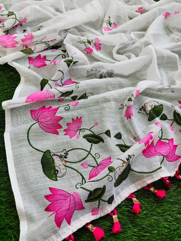 White_Sheer_Lotus_Print_Saree_For_Women