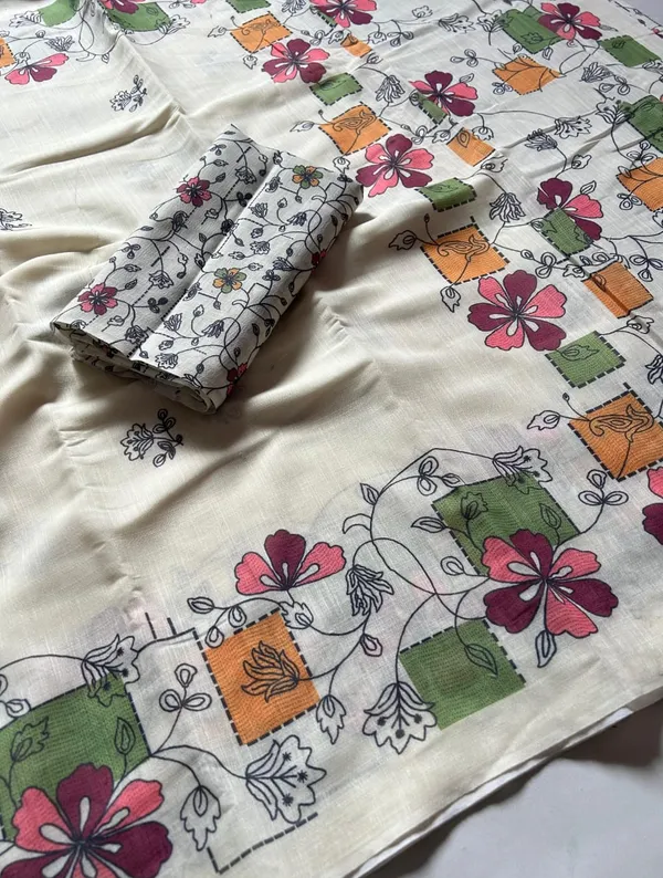 White_Floral_Print_Saree_For_Women