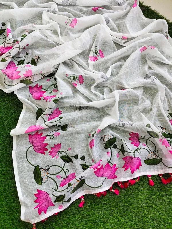 White_Sheer_Lotus_Print_Saree_For_Women