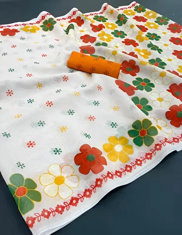 White_Floral_Print_Saree_For_Women