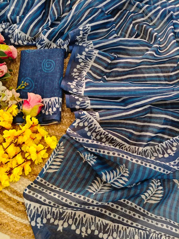 Blue_Striped_Printed_Saree_For_Women