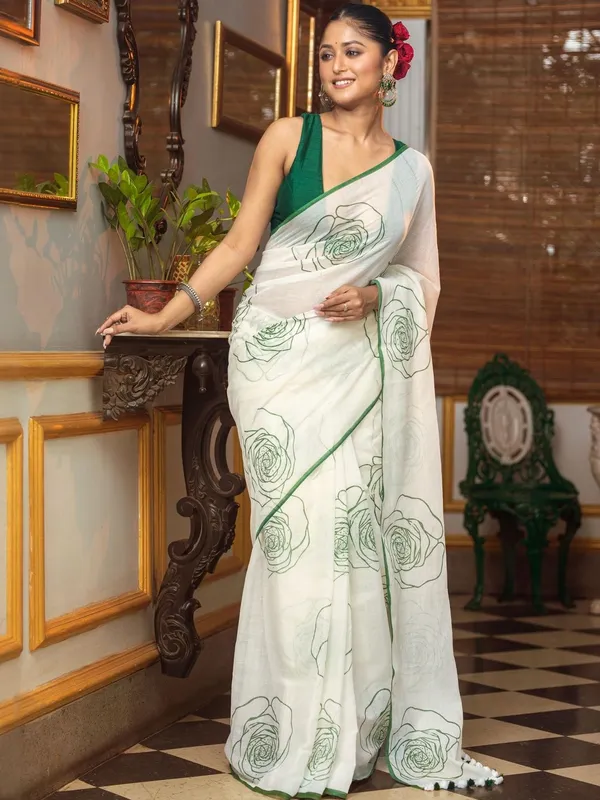 White_Floral_Print_Saree_With_Green_Border_For_Women