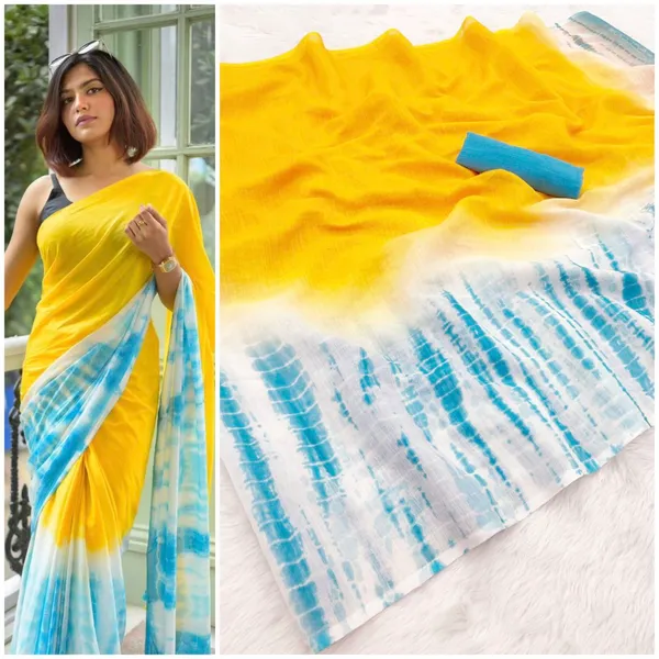 Yellow_Blue_Printed_Saree_For_Women