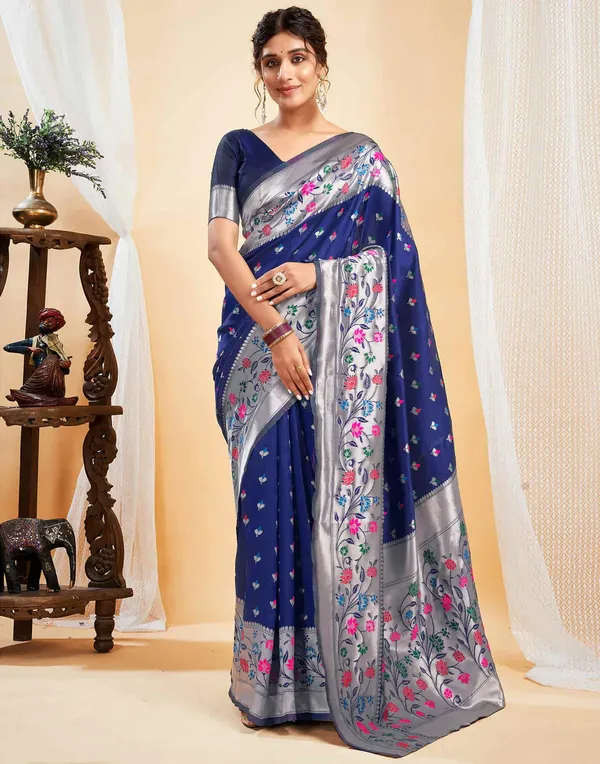 Navy_Blue_Floral_Print_Saree_For_Women