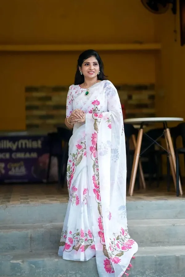 White_Sheer_Lotus_Print_Saree_For_Women