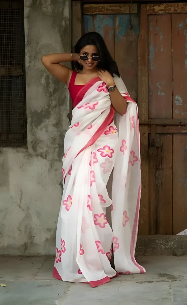 White_Floral_Print_Saree_For_Women