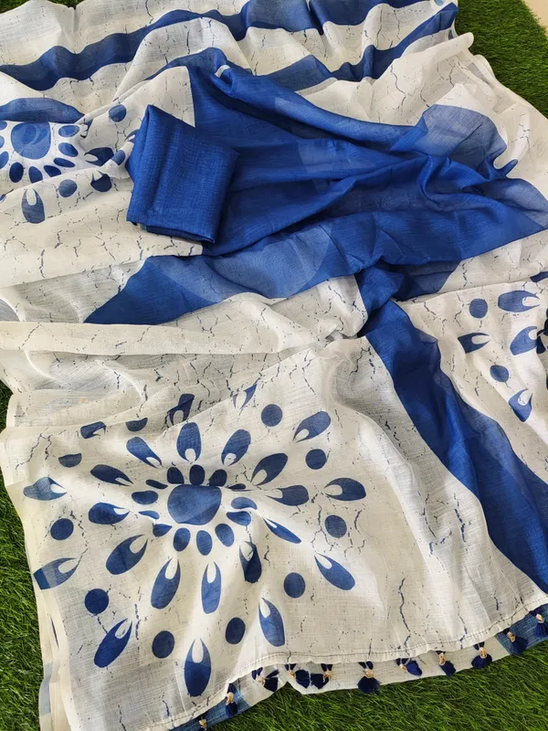 Blue_White_Printed_Saree_For_Women