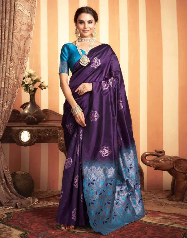 Wine_And_Firozi_Banarasi_Silk_Saree_For_Women