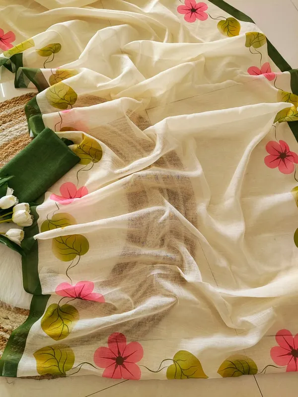 Cream_Cotton_Floral_Print_Saree_For_Women