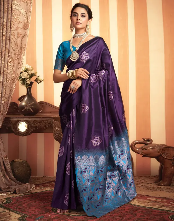 Wine_And_Firozi_Banarasi_Silk_Saree_For_Women