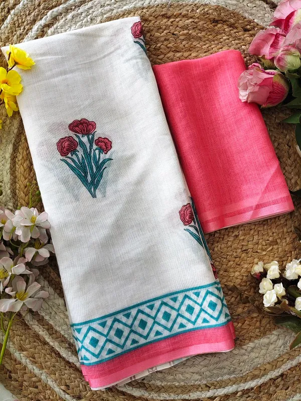 White_Cotton_Floral_Printed_Saree_For_Women