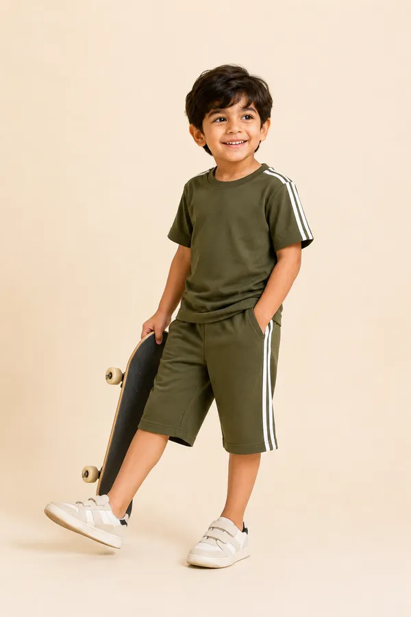 Olive_Green_Striped_Relaxed_Fit_T-Shirt_And_Shorts_Set_For_Boys