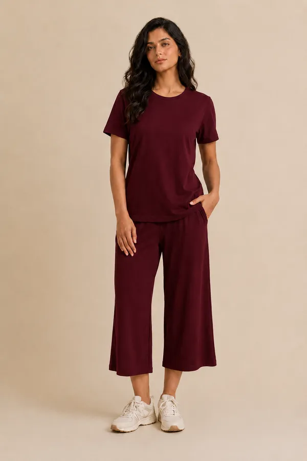 Maroon_Relaxed_Fit_Top_And_Wide-Leg_Culotte_Set_For_Women