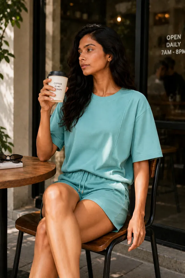 Teal_Relaxed_Fit_T-Shirt_And_Shorts_Set_For_Women