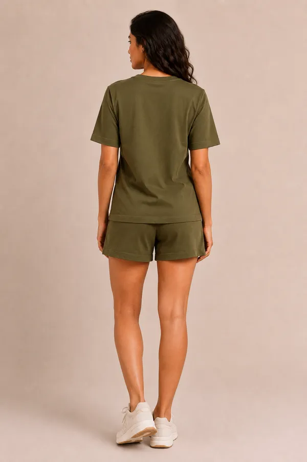 Olive_Green_Relaxed_Fit_T-Shirt_And_Shorts_Set_For_Women