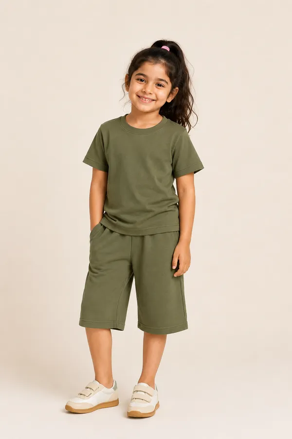 Olive_Green_Relaxed_Fit_T-Shirt_And_Shorts_Set_For_Girls