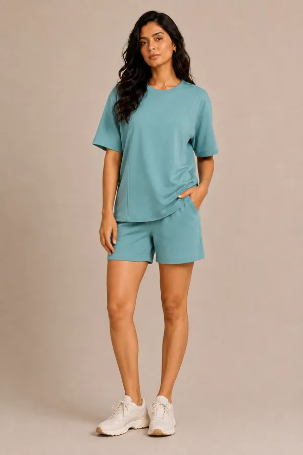 Teal_Relaxed_Fit_T-Shirt_And_Shorts_Set_For_Women
