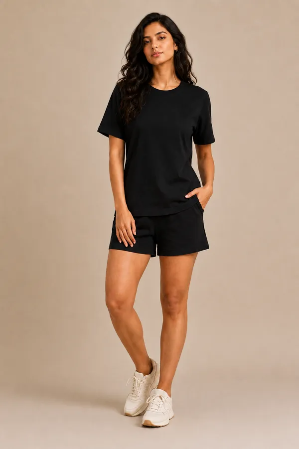 Black_Relaxed_Fit_Short-Sleeve_Top_And_Shorts_Set_For_Women
