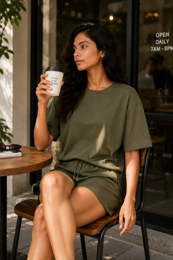 Olive_Green_Relaxed_Fit_T-Shirt_And_Shorts_Set_For_Women