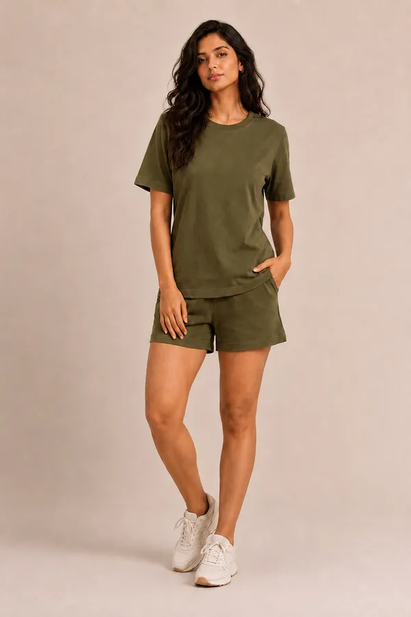Olive_Green_Relaxed_Fit_T-Shirt_And_Shorts_Set_For_Women