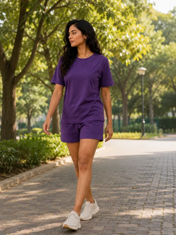 Purple_Relaxed_Fit_T-Shirt_And_Shorts_Set_For_Women