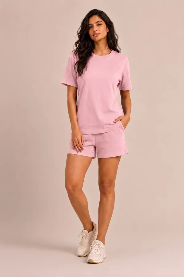 Pink_Relaxed_Fit_Short-Sleeve_Top_And_Shorts_Set_For_Women