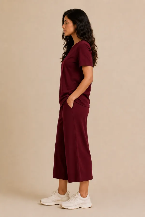 Maroon_Relaxed_Fit_Top_And_Wide-Leg_Culotte_Set_For_Women