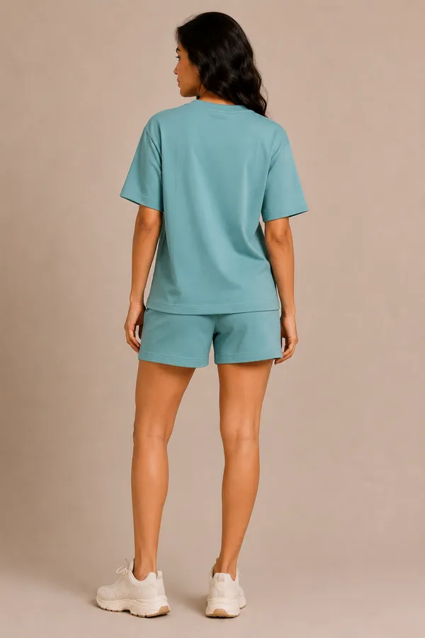 Teal_Relaxed_Fit_T-Shirt_And_Shorts_Set_For_Women