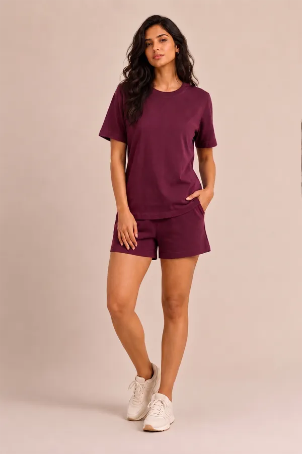 Maroon_Relaxed_Fit_Short-Sleeve_Top_And_Shorts_Set_For_Women