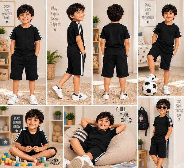 Black_Striped_Relaxed_Fit_T-Shirt_And_Shorts_Set_For_Kids