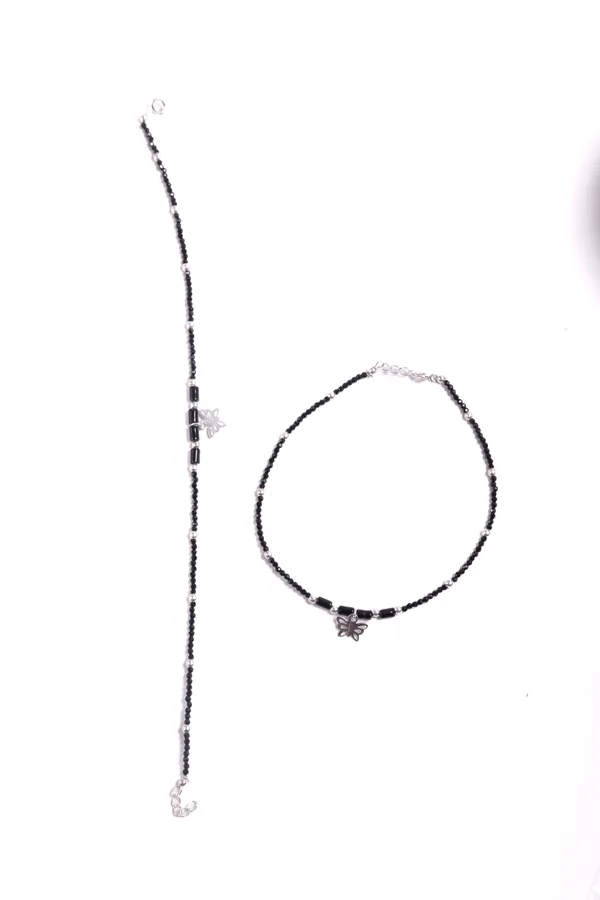 925_Silver_Black_Beads_Butterfly_Anklets_(10_Inch)