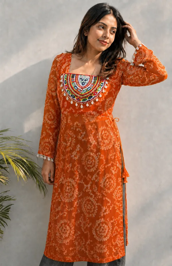 Orange_Bandhani_Georgette_Kurti